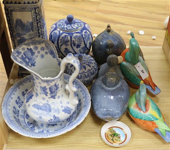 A quantity of mixed blue and white ceramics, ducks etc